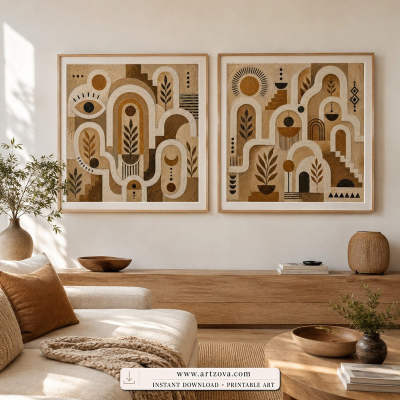 Earthen Labyrinths set of two paintings framed in a living room