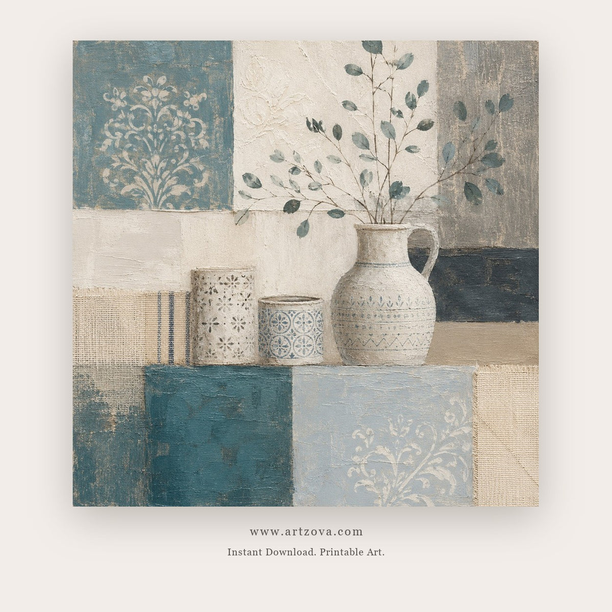Quiet Blue Blooms painting - a ceramic vase and delicate blue branches within patchwork panels, in blue and ivory