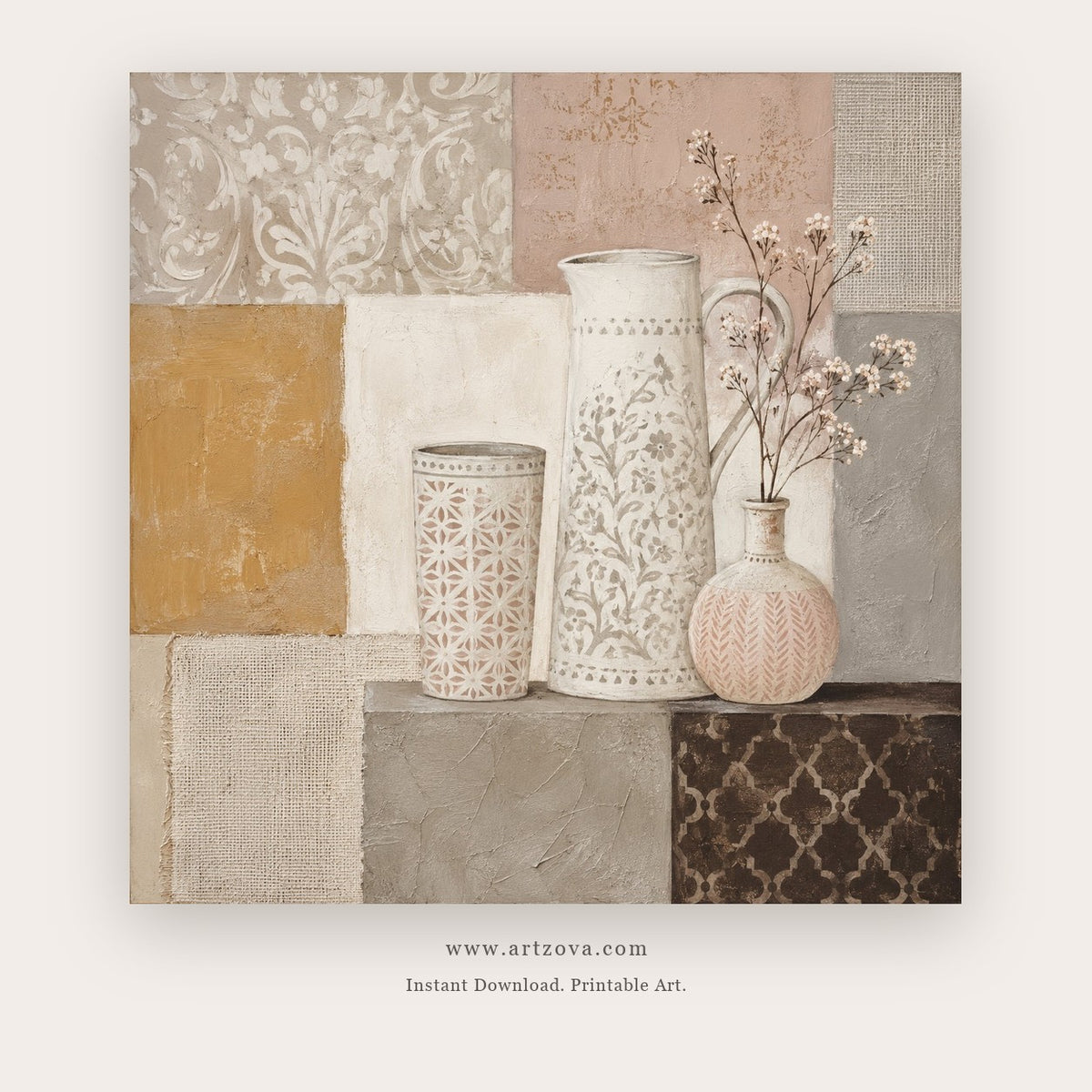 Patchwork Vessels painting 1 of 2 - a layered patchwork still life of pale ceramic vases and branches, in beige and sage green