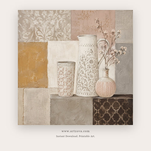 Patchwork Vessels painting 1 of 2 - a layered patchwork still life of pale ceramic vases and branches, in beige and sage green
