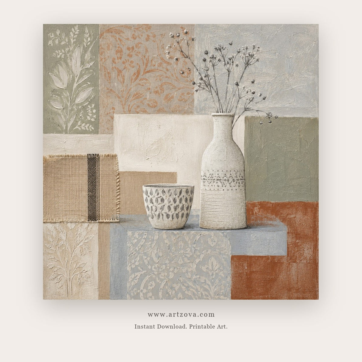 Patchwork Vessels painting 2 of 2 - a layered patchwork still life of pale ceramic vases and branches, in beige and sage green