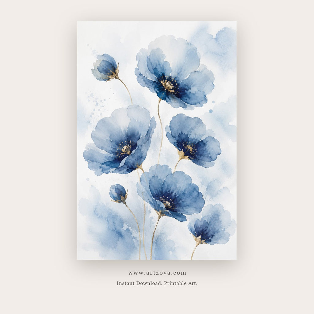 Blue Petal Dance painting 1 of 3 - an airy watercolor panel of translucent blue flowers, in blue and white