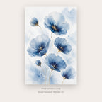 Blue Petal Dance painting 1 of 3 - an airy watercolor panel of translucent blue flowers, in blue and white