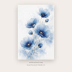 Blue Petal Dance painting 2 of 3 - an airy watercolor panel of translucent blue flowers, in blue and white