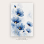 Blue Petal Dance painting 3 of 3 - an airy watercolor panel of translucent blue flowers, in blue and white