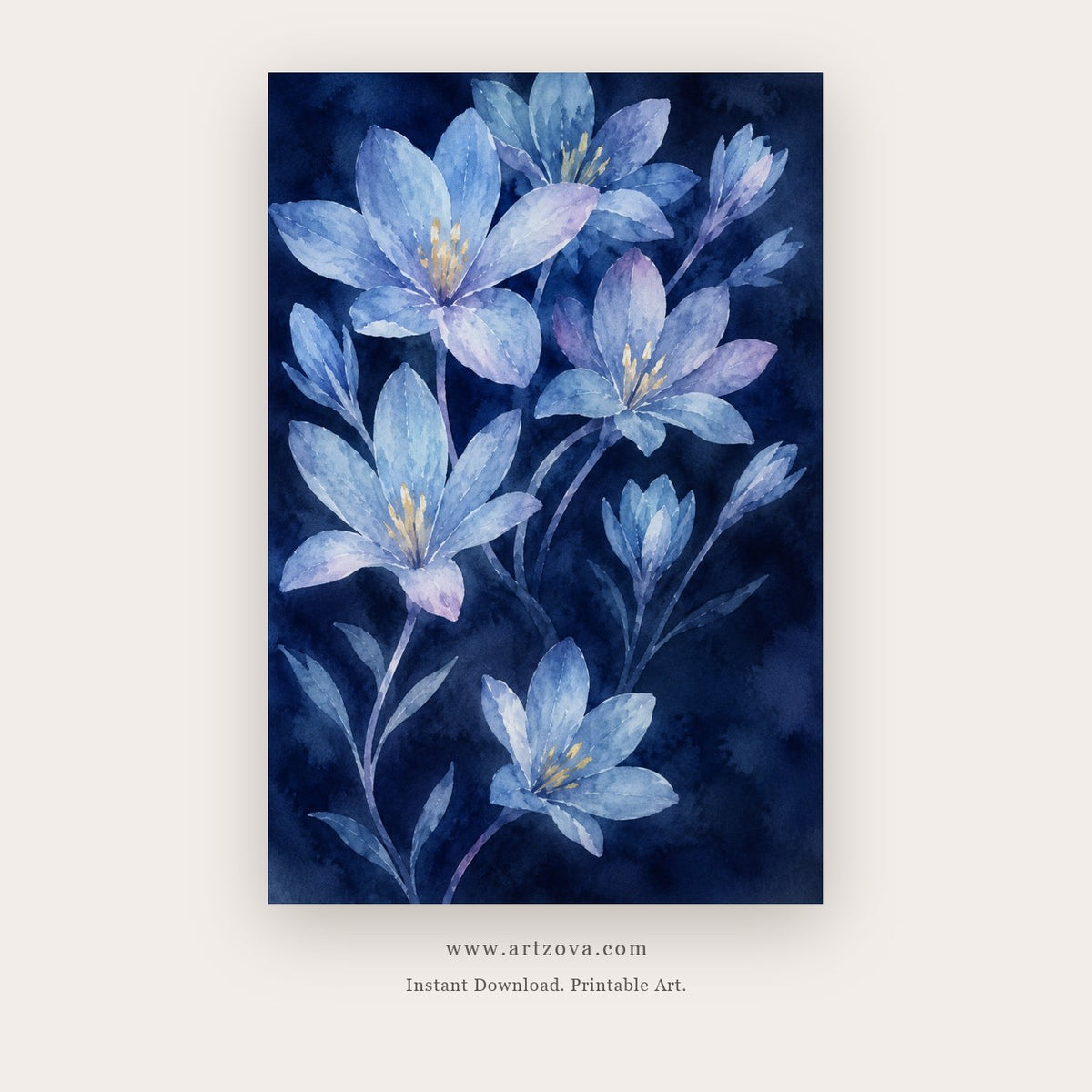 Midnight Lilies painting 1 of 3 - a luminous blue lily study glowing against deep navy, in navy blue and periwinkle