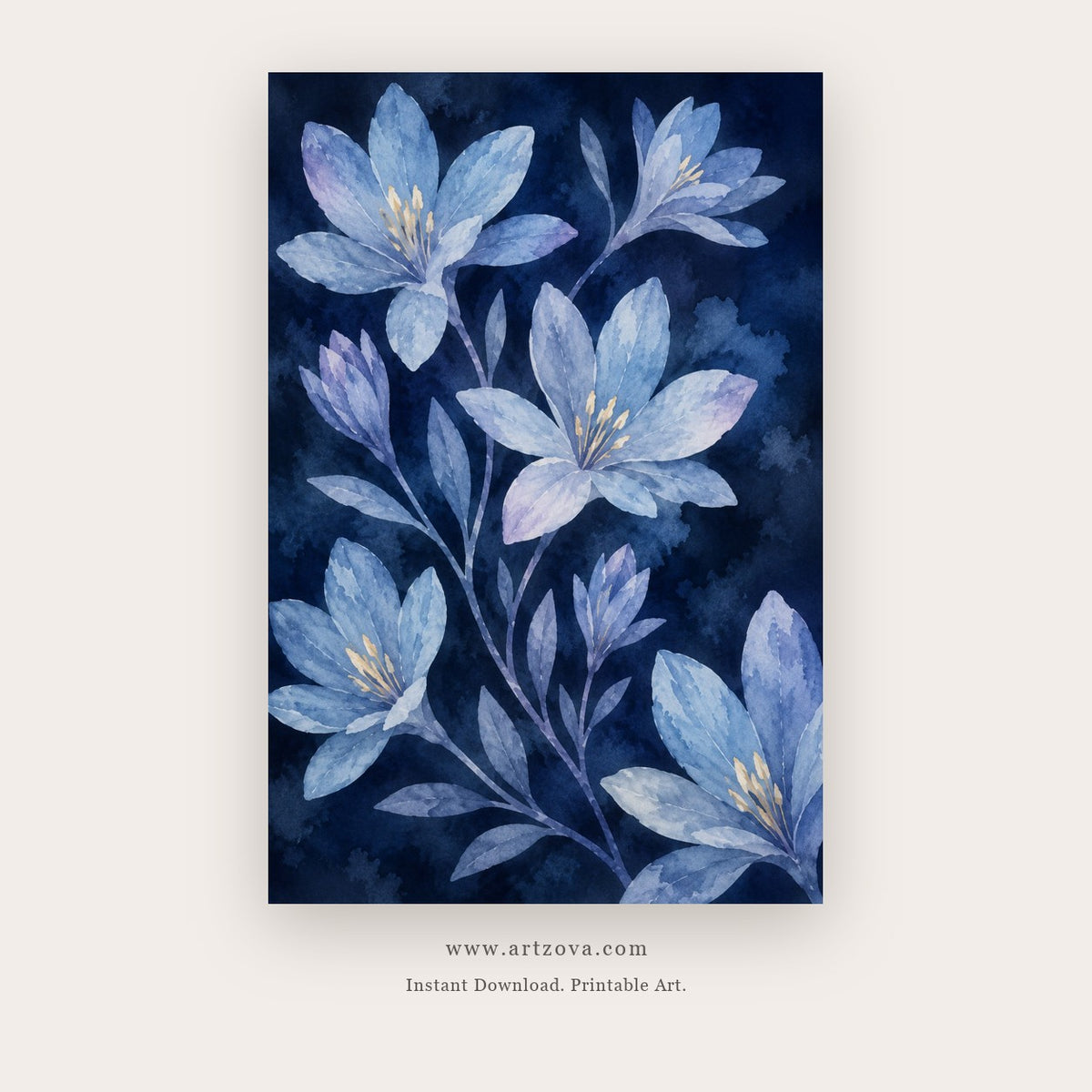 Midnight Lilies painting 2 of 3 - a luminous blue lily study glowing against deep navy, in navy blue and periwinkle