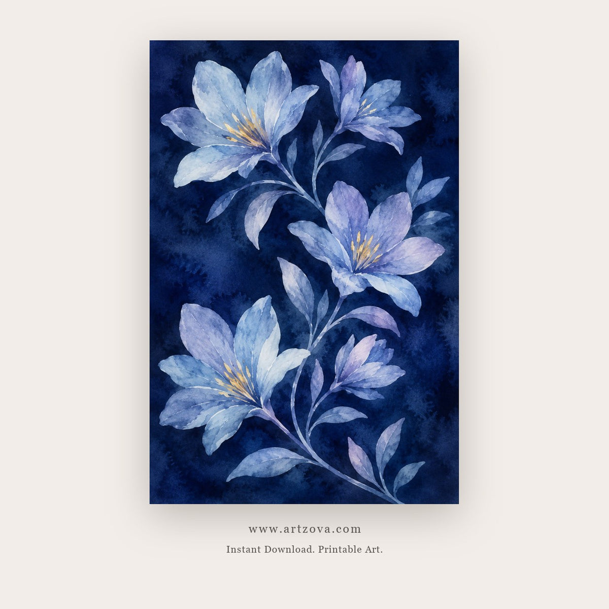Midnight Lilies painting 3 of 3 - a luminous blue lily study glowing against deep navy, in navy blue and periwinkle