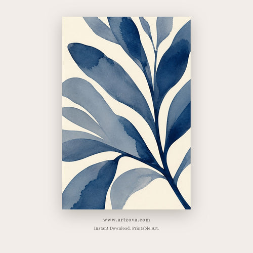 Indigo Leaves painting 1 of 4 - a bold blue botanical silhouette, in cobalt blue and white