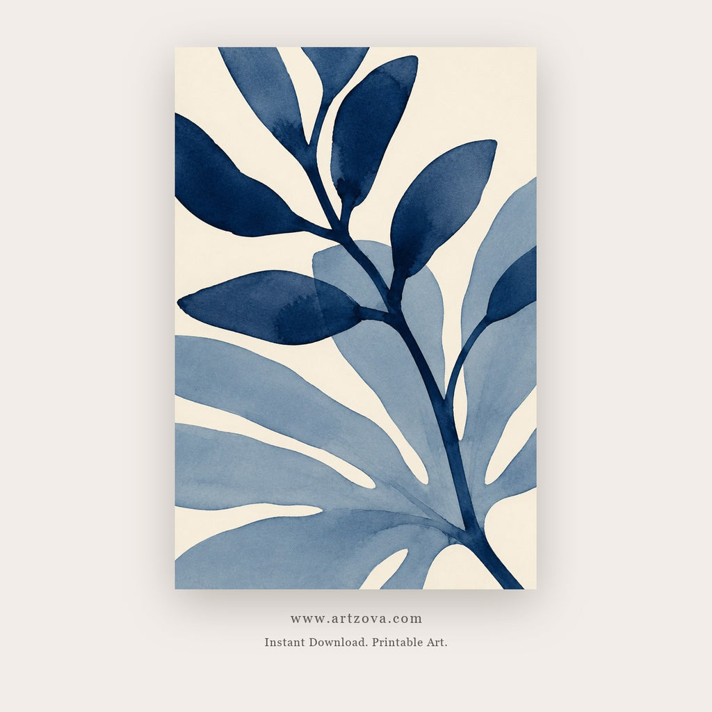 Indigo Leaves painting 3 of 4 - a bold blue botanical silhouette, in cobalt blue and white