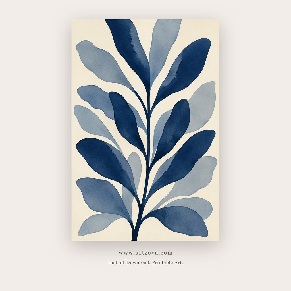 Indigo Leaves painting 4 of 4 - a bold blue botanical silhouette, in cobalt blue and white