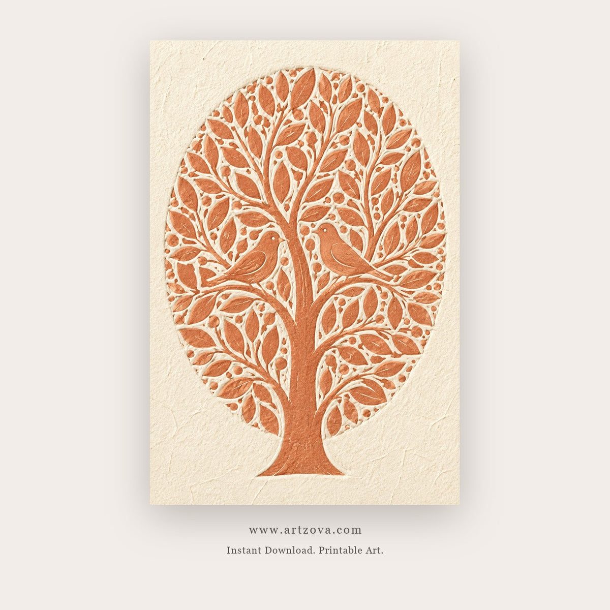 Three Trees painting 1 of 3 - a lacy tree-of-life silhouette in blue, in blue and orange