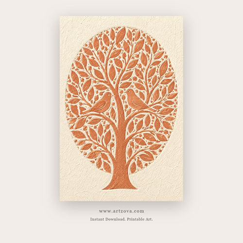 Three Trees painting 1 of 3 - a lacy tree-of-life silhouette in blue, in blue and orange