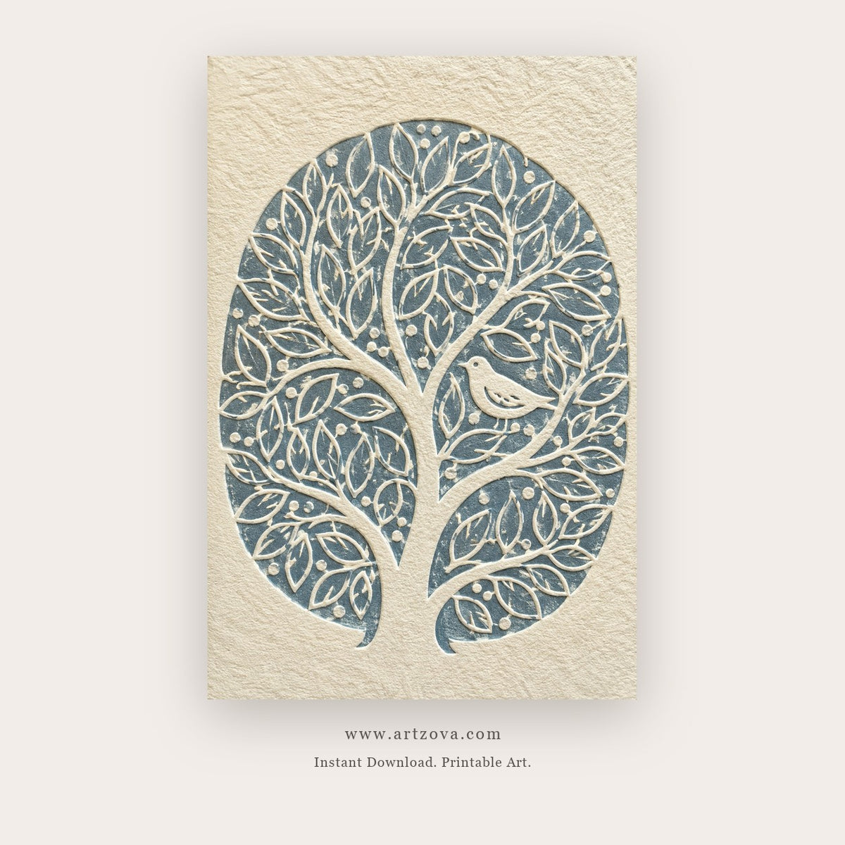 Three Trees painting 3 of 3 - a lacy tree-of-life silhouette in golden yellow, in blue and orange