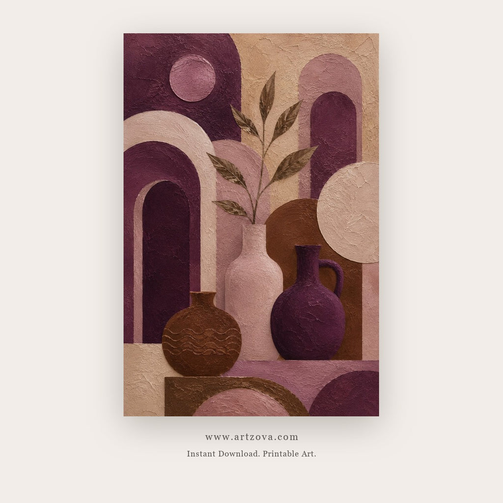 Plum Vessels painting 1 of 3 - a cubist still life combining plum arches, leaves and a ceramic vase, in plum and blush pink
