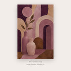 Plum Vessels painting 2 of 3 - a cubist still life combining plum arches, leaves and a ceramic vase, in plum and blush pink
