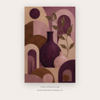 Plum Vessels painting 3 of 3 - a cubist still life combining plum arches, leaves and a ceramic vase, in plum and blush pink