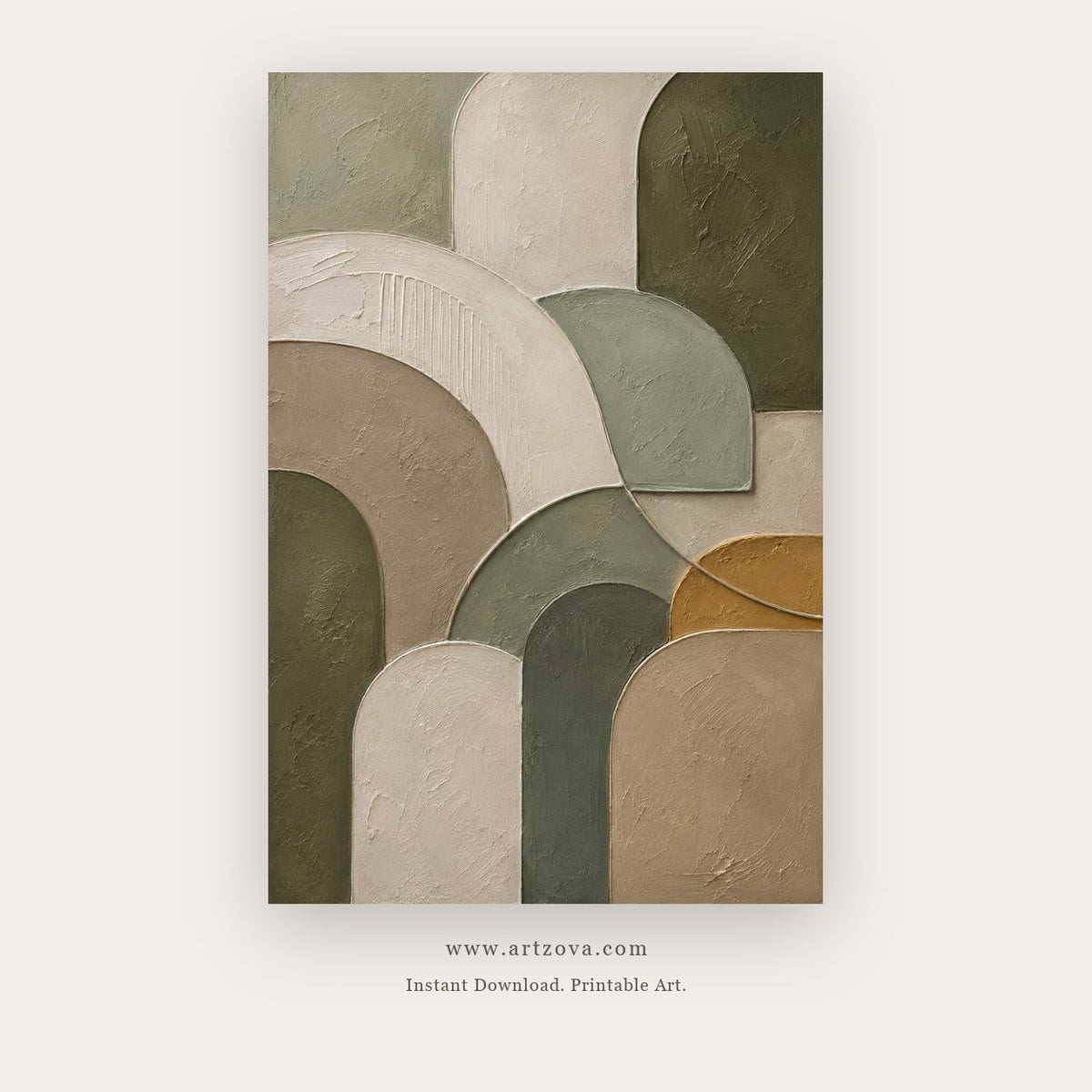 Stone Arches painting 1 of 2 - a muted composition of interlocking stone-like arches and curves, in sage green and beige