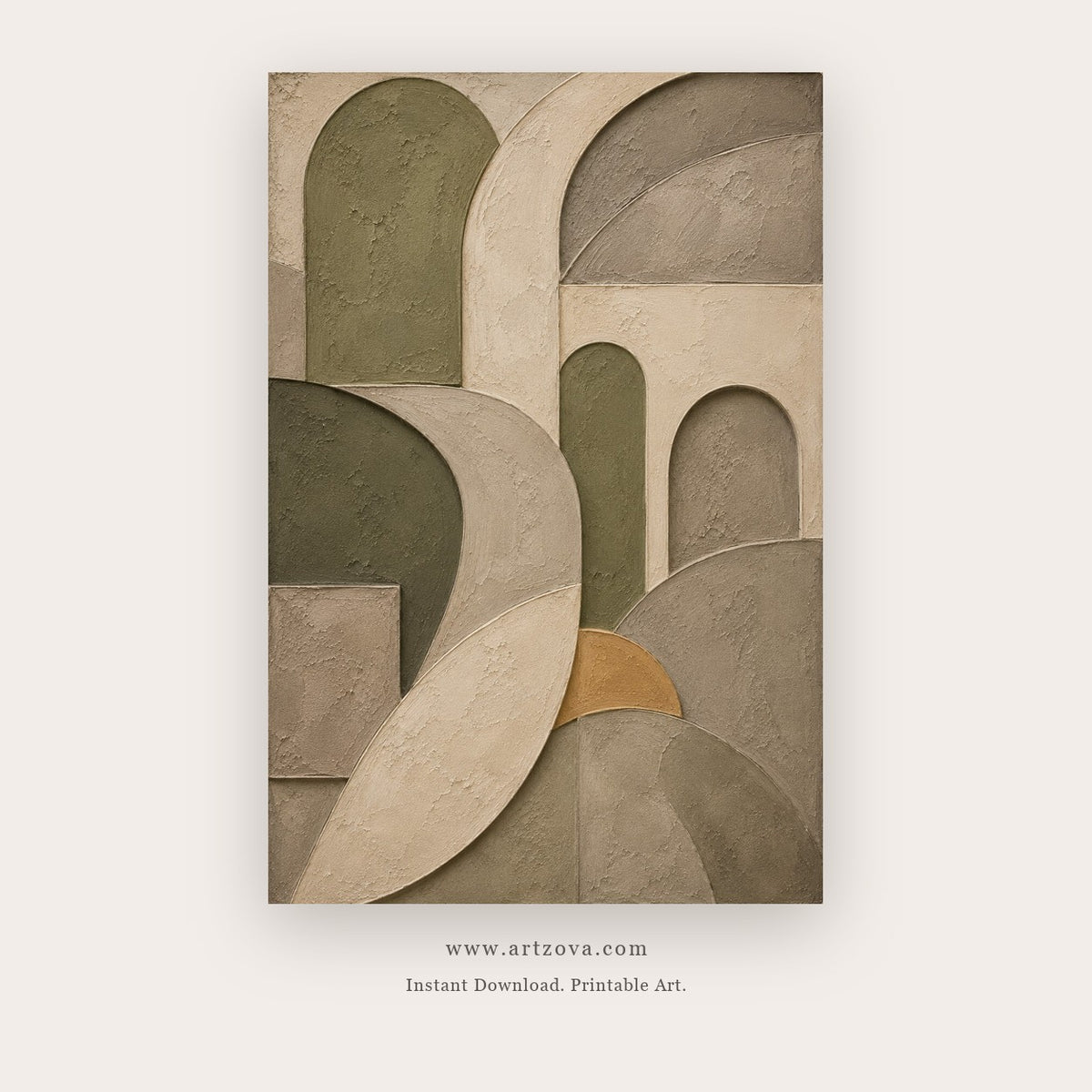 Stone Arches painting 2 of 2 - a coordinated muted composition of interlocking stone-like arches and curves, in sage green and beige