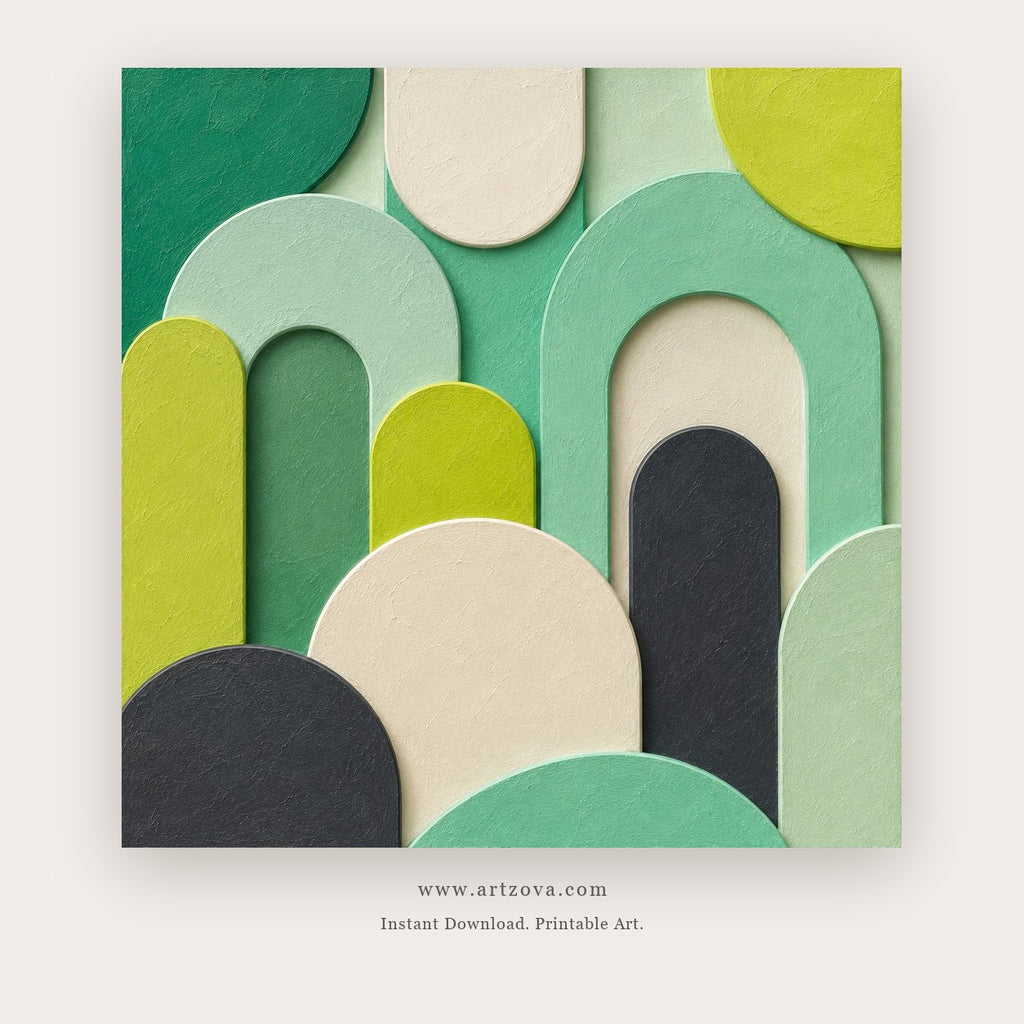 Playful Portals painting 1 of 2 - a bright relief-like composition of arches, circles and rounded blocks, in coral and green