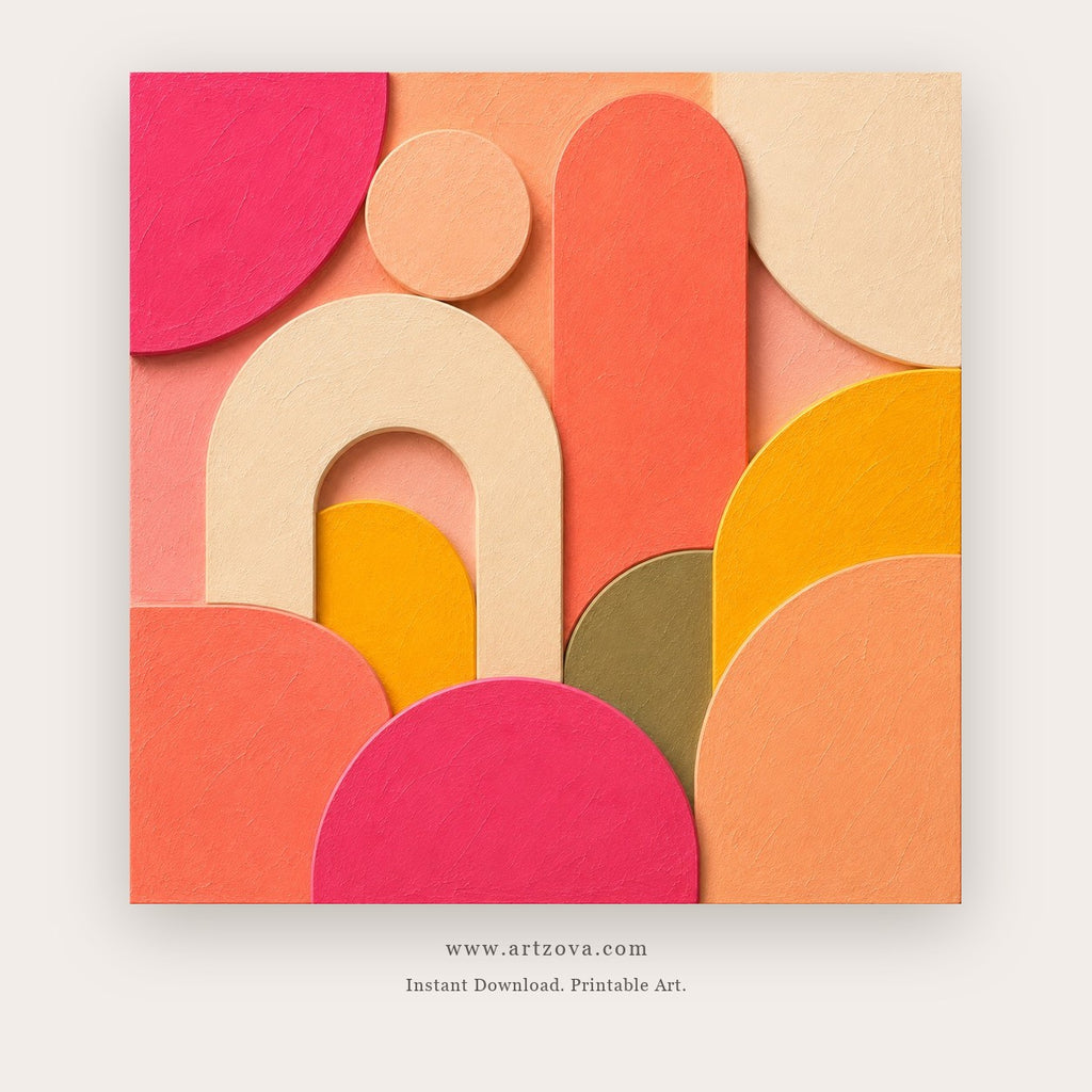 Playful Portals painting 2 of 2 - a bright relief-like composition of arches, circles and rounded blocks, in coral and green
