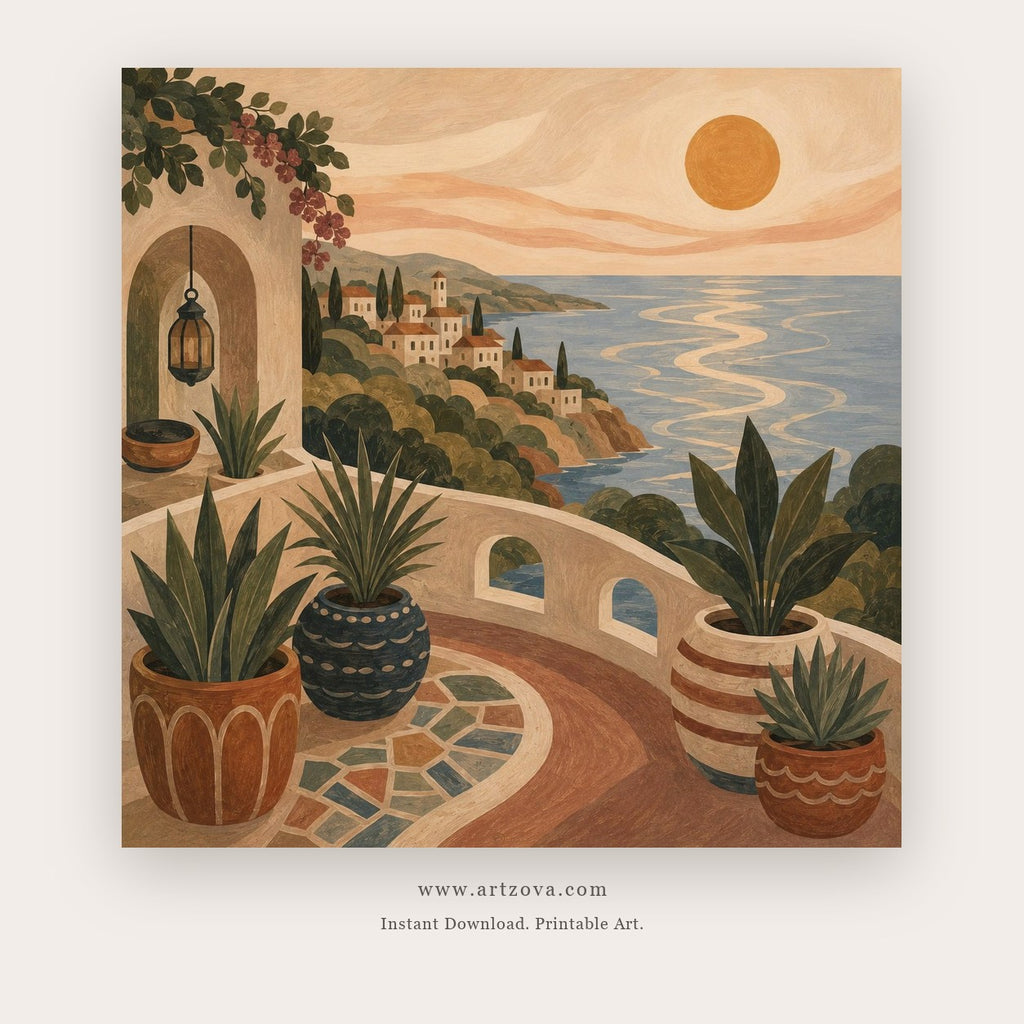 Mediterranean Days painting 1 of 2 - a sun-washed Mediterranean view of terraces, boats and coastal homes, in beige and blue