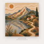 Mountain Haven painting - a mountain village beside a winding lake beneath a warm sun, in beige and blue