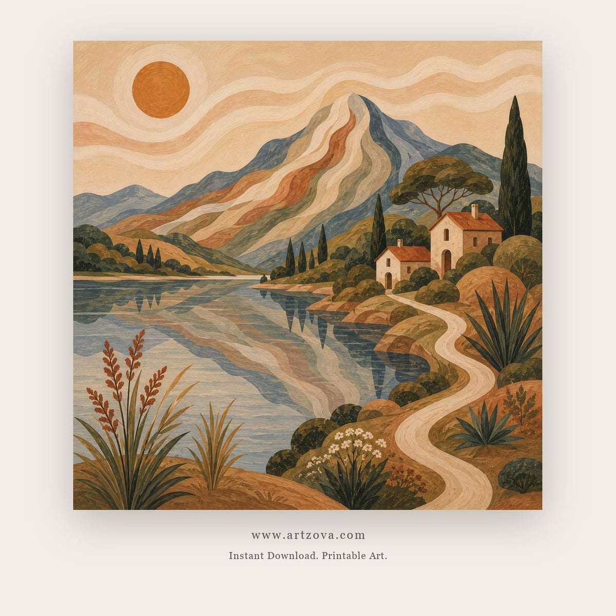 Mountain Haven painting - a mountain village beside a winding lake beneath a warm sun, in beige and blue