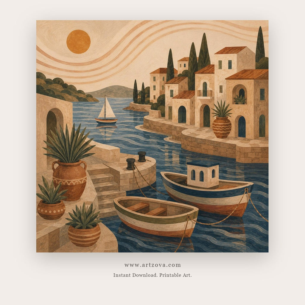 Mediterranean Days painting 2 of 2 - a sun-washed Mediterranean view of terraces, boats and coastal homes, in beige and blue