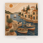 Mediterranean Days painting 2 of 2 - a sun-washed Mediterranean view of terraces, boats and coastal homes, in beige and blue