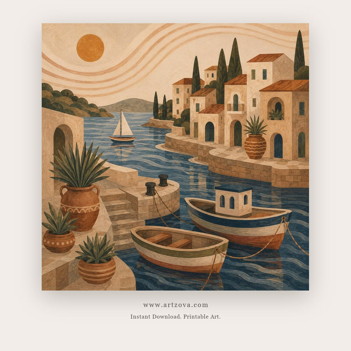 Mediterranean Days painting 2 of 2 - a sun-washed Mediterranean view of terraces, boats and coastal homes, in beige and blue