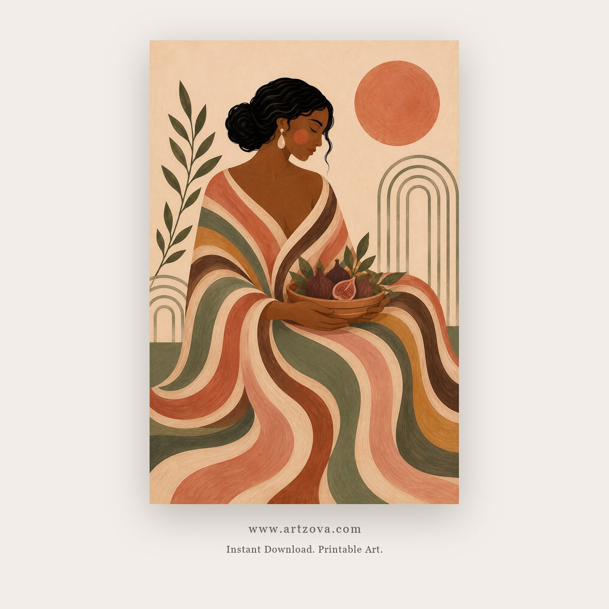 Flowing Grace painting 1 of 3 - a woman wrapped in rhythmic terracotta and cream flowing forms, in terracotta and beige