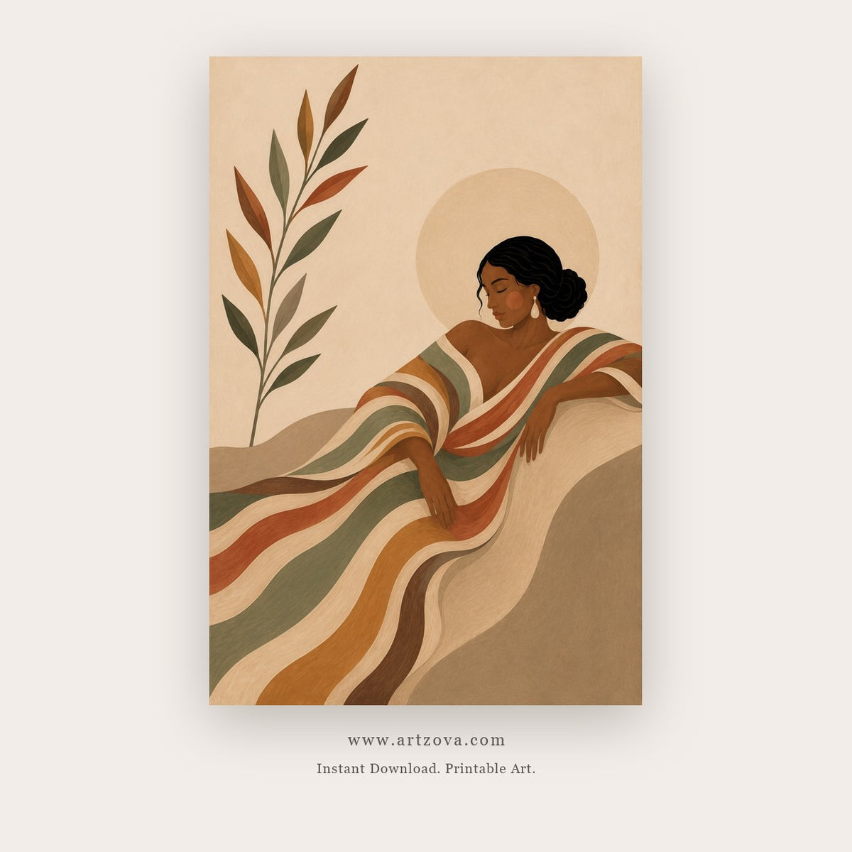 Flowing Grace painting 2 of 3 - a woman wrapped in rhythmic terracotta and cream flowing forms, in terracotta and beige