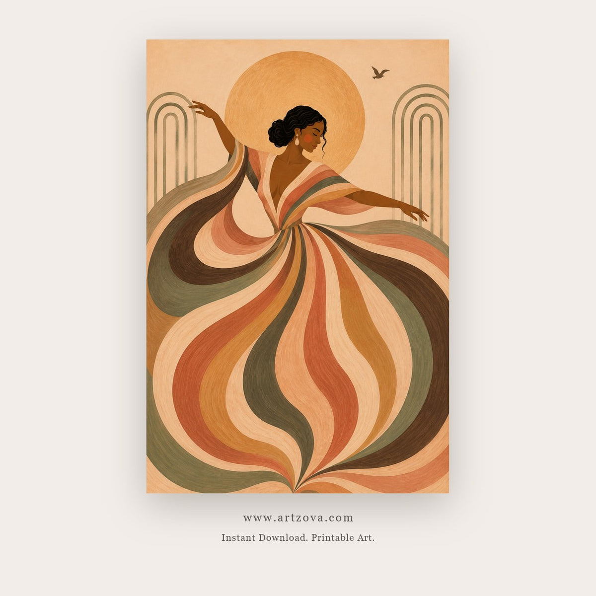 Flowing Grace painting 3 of 3 - a woman wrapped in rhythmic terracotta and cream flowing forms, in terracotta and beige