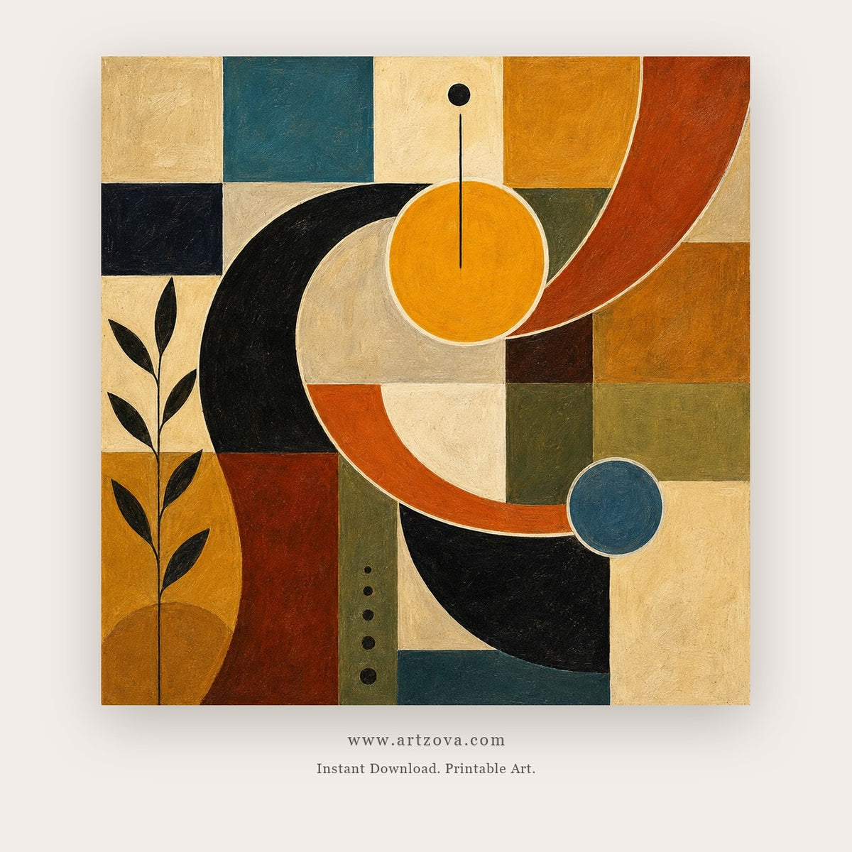 Modern Orbits painting 1 of 2 - a geometric abstraction of sweeping arcs, circles and gridded blocks, in mustard yellow and navy blue