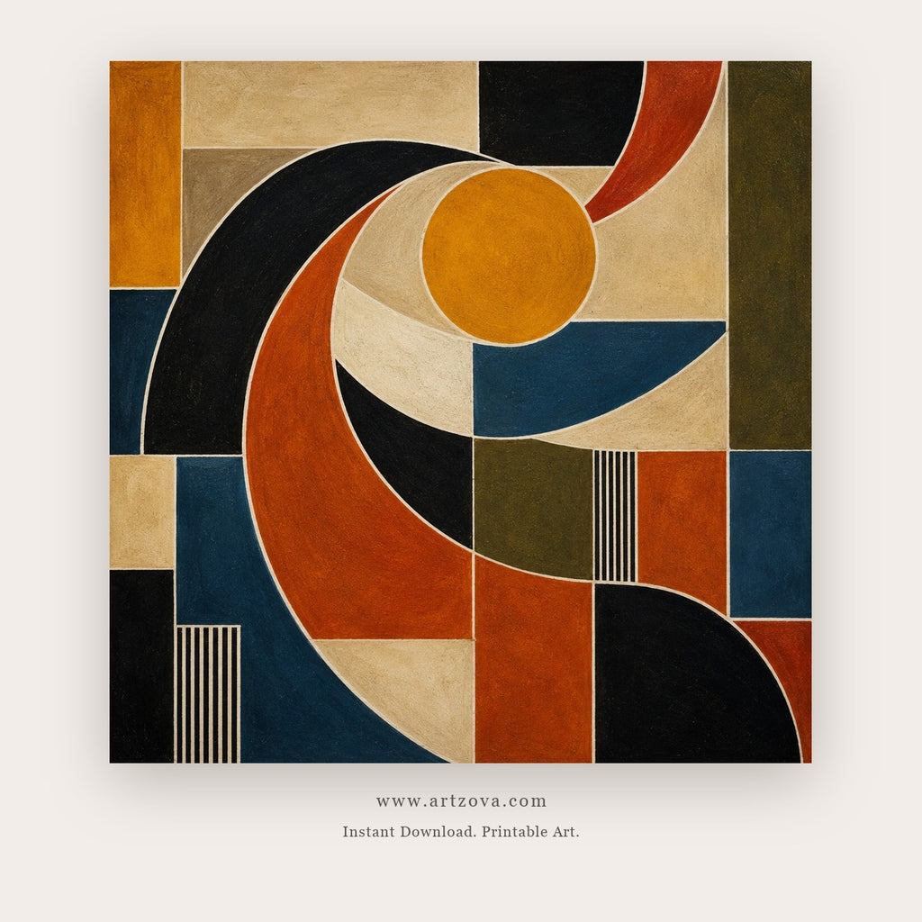 Modern Orbits painting 2 of 2 - a geometric abstraction of sweeping arcs, circles and gridded blocks, in mustard yellow and navy blue