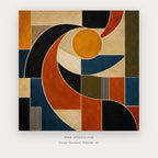 Modern Orbits painting 2 of 2 - a geometric abstraction of sweeping arcs, circles and gridded blocks, in mustard yellow and navy blue