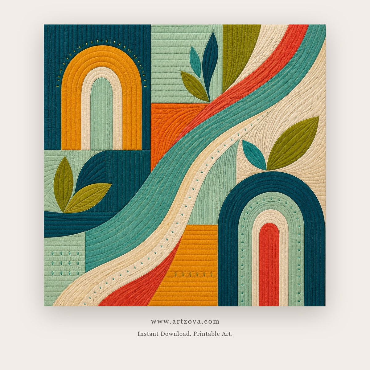 Rainbow Currents painting 1 of 2 - a flowing geometric design combining arches, leaves and colorful ribbons, in teal and orange