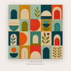 Arched Garden painting - a tiled composition of arched doorways, leaves and playful circles, in teal and orange
