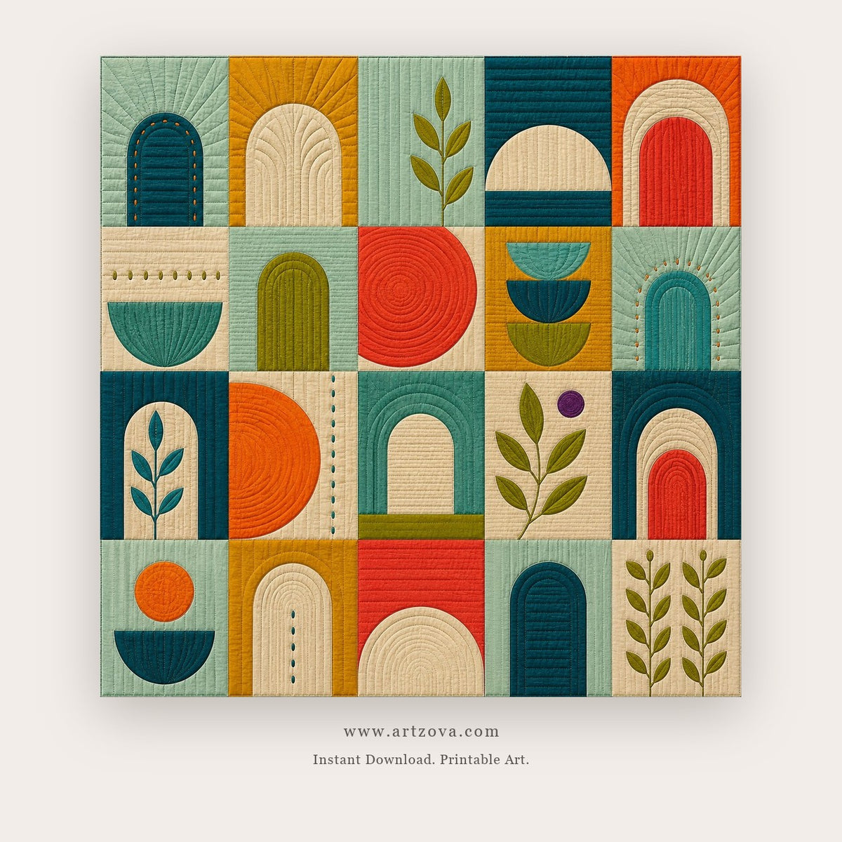 Arched Garden painting - a tiled composition of arched doorways, leaves and playful circles, in teal and orange