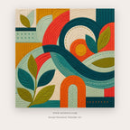 Rainbow Currents painting 2 of 2 - a flowing geometric design combining arches, leaves and colorful ribbons, in teal and orange