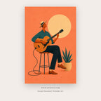 Jazz at Dusk painting 1 of 3 - a stylized musician playing drums, in coral and teal