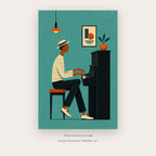 Jazz at Dusk painting 2 of 3 - a stylized musician playing guitar, in coral and teal