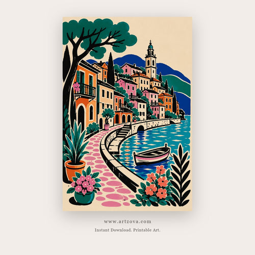 Venice in Bloom painting 1 of 3 - a vivid canal scene with a bridge, gondola and flowering street, in coral and teal