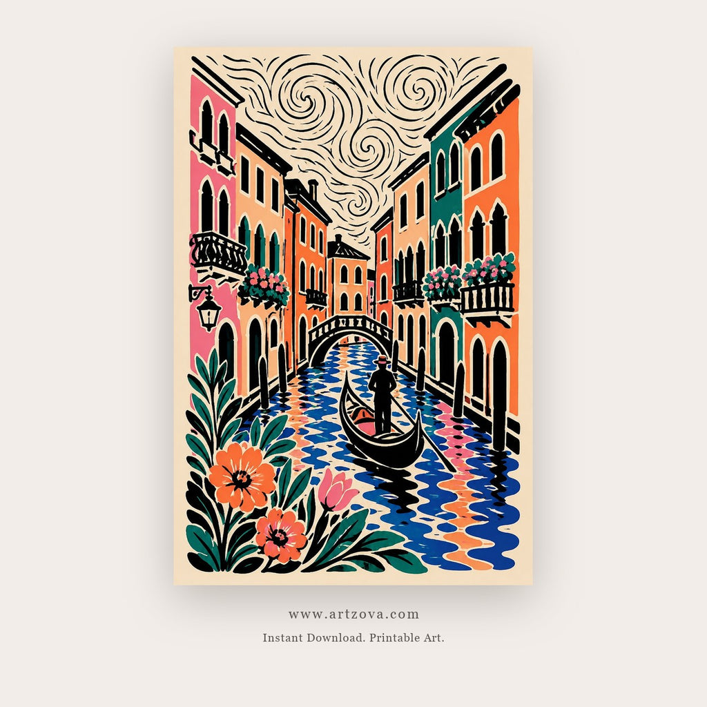 Venice in Bloom painting 2 of 3 - a vivid canal scene with a bridge, gondola and flowering street, in coral and teal