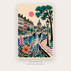 Venice in Bloom painting 3 of 3 - a vivid canal scene with a bridge, gondola and flowering street, in coral and teal