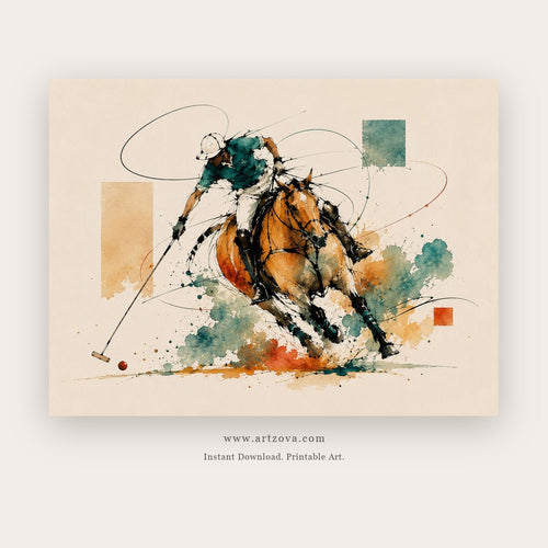 Rodeo Motion painting - an energetic rider and horse rendered with ink lines and color splashes, in teal and ochre