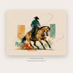 Wild Frontier painting - a dynamic cowboy riding a horse through loose splashes of color, in teal and ochre