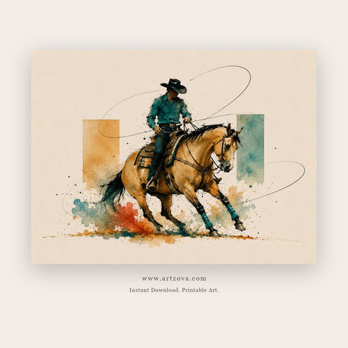 Wild Frontier painting - a dynamic cowboy riding a horse through loose splashes of color, in teal and ochre