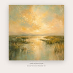 Amber Marsh painting - a luminous amber sky reflected across a quiet marsh and distant horizon, in golden yellow and sage green